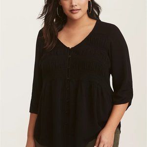 TORRID BLACK GAUZE 3/4 SLEEVE SMOCKED BLOUSE